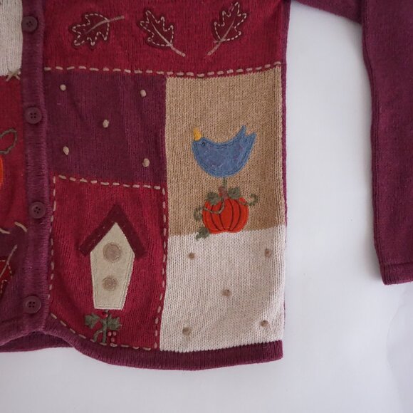 Croft & Barrow Burgundy Patchwork Pumpkin Birdhouse Cardigan Holiday Harvest S - Picture 5 of 9